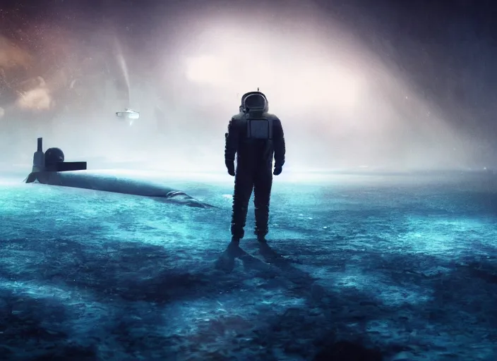 Prompt: astronaut holding a flag in an underwater desert. a submarine is visible in the distance. dark, concept art, cinematic, dramatic, atmospheric, 8 k, trending on artstation, blue, fish, low visibility, fog, ocean floor, christopher nolan, interstellar