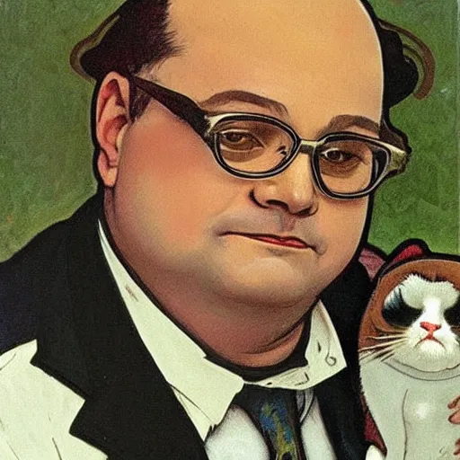 Prompt: “ george costanza from seinfeld holding grumpy cat above his head, holy light, art nouveau, by alphonse mucha ”