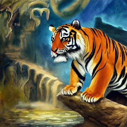 Image similar to a painting of a tiger discovering the lost city of atlantis