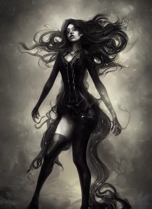 Image similar to 4k HD digital full body portrait, A gothic Luna goddess with long wavy hair made of shimmering-stardust, dark shadows, contrast, concept art, sharp focus, digital art, Hyper-realistic, 4K, Unreal Engine, Highly Detailed, Dramatic Lighting, Beautiful, by bastien lecouffe-deharme
