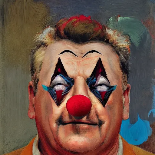 Prompt: Portrait John Goodman wearing a clown costume whilst juggling a red orb standing atop a skyscraper lucian freud odd nerdrum john hoyland greg rutkowski chris cold andrew wyeth niel welliver peter doig robert rauschenberg mark ryden