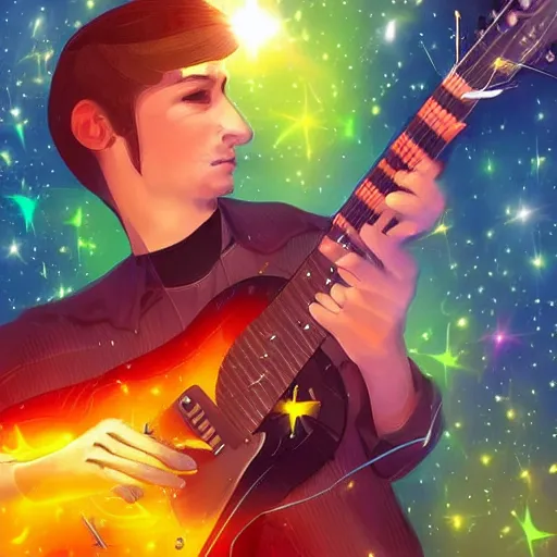 Image similar to a guitarist playing so intensely there is electricity shooting out from his guitar, energy beams under his finger tips, and magic sparkles from the freboard, amazing ditial art, trending on artstation, featured on deviantart