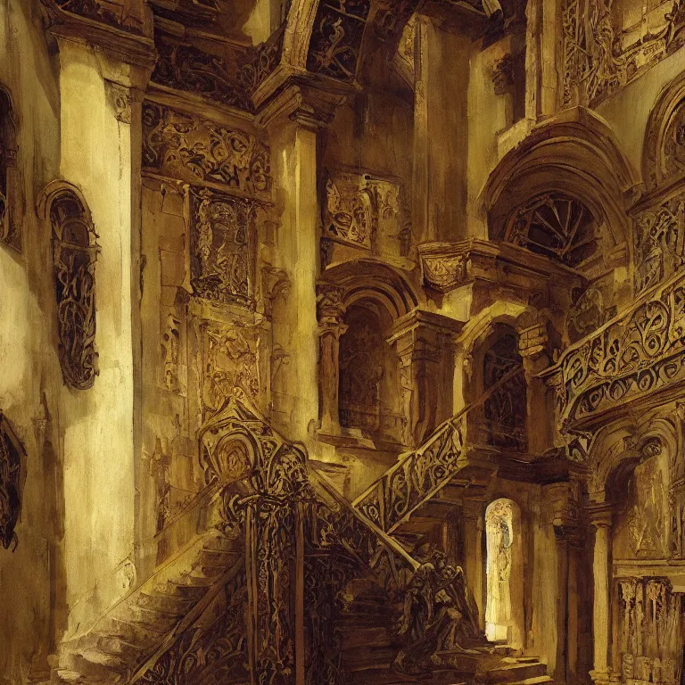 Prompt: a detailed painting of a medieval hall with statue and big staircase. fantasy poster. lord of the rings style. cinematic fantasy scene. fantasy. carl spitzweg. renaissance elements. renaissance element. oil painting. award winning. trending on artstation. 8 k
