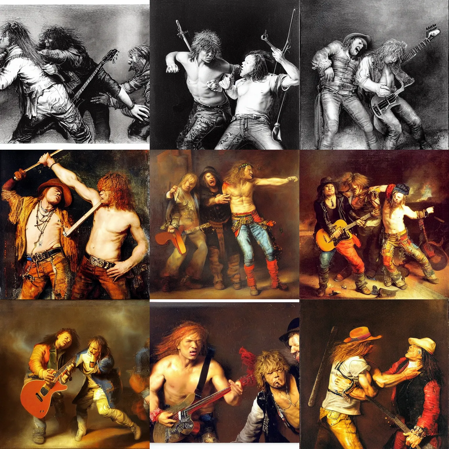 Prompt: axl rose and john bon jovi fighting violently over a broken electric guitar, by rembrandt