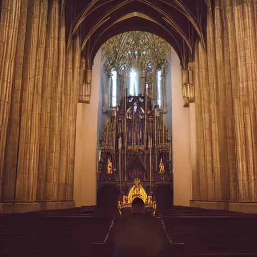 Image similar to man in large throne room of grand cathedral, sitting alone, shadows, fantasy, profile picture