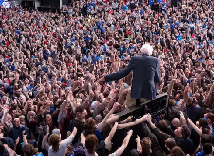 Image similar to publicity photo still of bernie sanders crowd surfing live on stage, 8 k, live concert lighting, mid shot