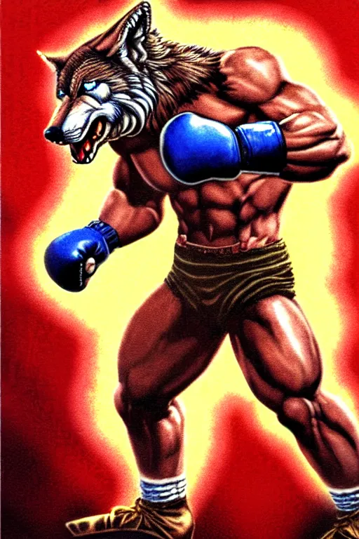 Prompt: extreme long shot. 8 bit nes graphics. antropomorphic muscular masculine wolf. kickboxer fighter in shorts. wolf head. art from nes game cartridge, doom game graphics,