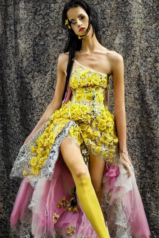 Prompt: elegant spring floral patterned mystical fashion fantasy slavic cybernetic lace dress, yellow pink and silver, coin-chain veil, haute couture scifi fashion photography beautiful model, full-body outfit natural scene