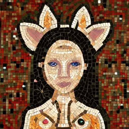 Image similar to portrait mosaic of a beautiful cute girl with robot ears and eyes by Emma Biggs, 4k, intricate details, digital, between heaven and hell