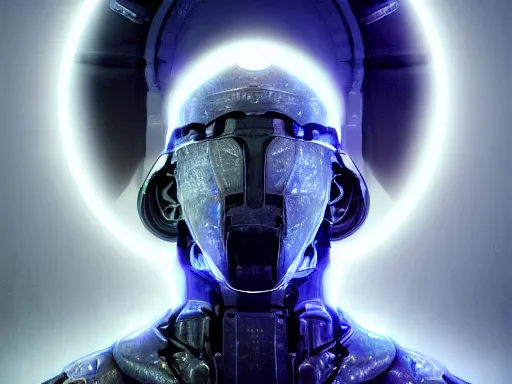 Image similar to a gray faceless figure, ascended, robot wizard, NPC with a saint\'s halo, saintly halo behind their head made of neon filigree, consulting the cyber oracle of all knowledge, at the end of time, in an esoteric ritual exchange of physical code, 8k, 4k, unreal 5, DAZ, trending on artstation, octane render, abstract painting, bright blue future