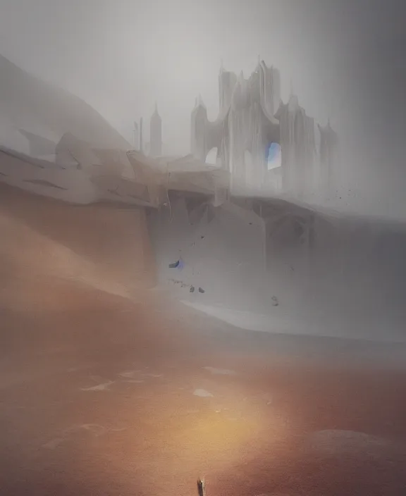 Image similar to surreal epic, masterpiece, romantic iris van herpen building, ancient ochre palette, impossible architecture by ruan jia, mecha floor, futuristic, blame, white architecture in the beach in iceland, foggy, highly detailed, digital painting, arstation, concept art, hyperealistic octane render, unreal engine