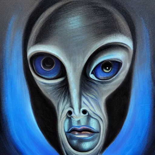 Image similar to A portrait of a humanoid monster that has a big eye for its head, dark, blue light, black gradient background, oil painting