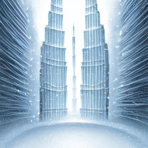 Image similar to Beautiful snow in Dubai, Burj Khalifa, intricate, elegant, highly detailed, digital painting, artstation, concept art, matte, sharp focus, illustration,