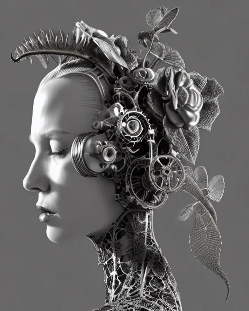 Prompt: monochrome 3 d model, 1 9 4 0 picture, floral silver steampunk biomechanical beautiful young female cyborg with porcelain profile face and a techno eye, volumetric light, leaves foliage and stems, hibiscus flowers, sinuous fine roots, fine foliage lace, alexander mcqueen, rim light, big gothic fashion pearl embroidered collar, octane render, 8 k