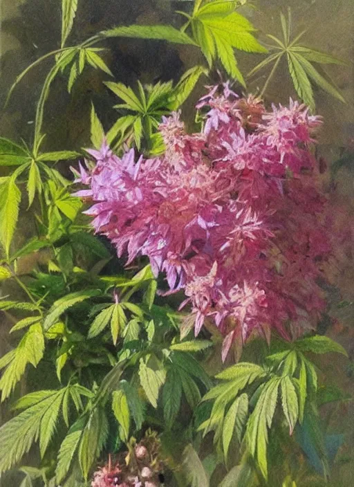 Prompt: oil painting by anders zorn, nature, bush, marijuana flowers, backlit cannabis leaves with backlight