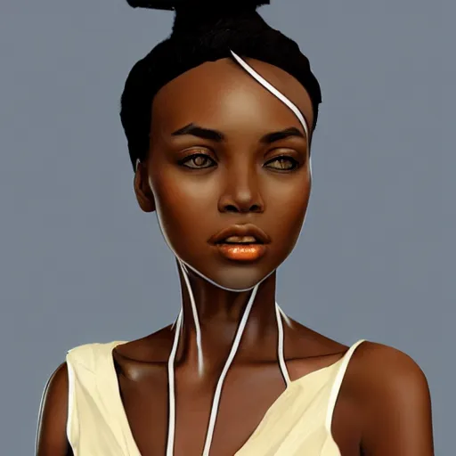 Prompt: very beautiful African girl with freckles, elegant look, tired eyes, artstation