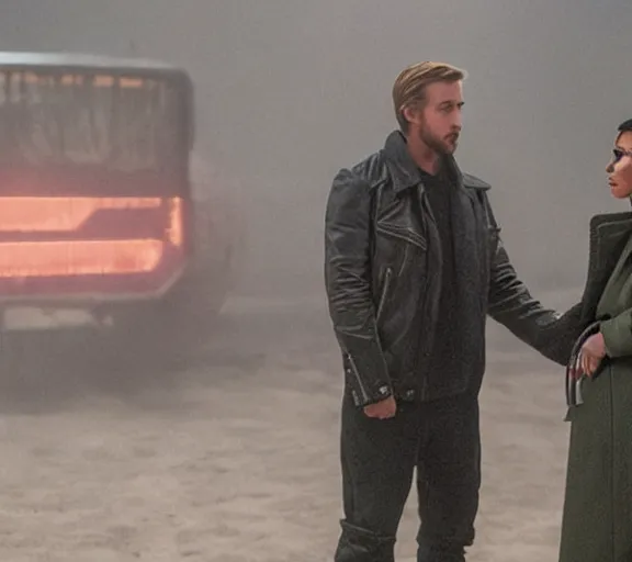 Image similar to a movie still of kim kardashian talking with ryan gosling in the movie blade runner 2 0 4 9