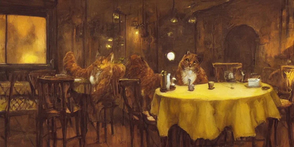 Image similar to brown cat with yellow eyes is sitting at table in a cafe at paris in early 2 0 th century. atmospheric feeling, warm colours, brown colours, yellow colours, epic scene, cinematic, very detailed, concept art