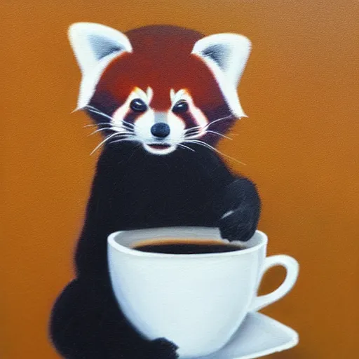 Prompt: A red panda with a cup of coffee, thinking of his good old days, oil painting