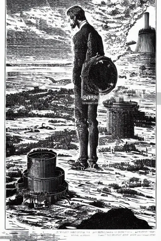 Prompt: 19th century wood-engraving of a man looking at a nuclear powerplant in the background, whole page illustration from Jules Verne book, art by Édouard Riou Jules Férat and Henri de Montaut, high quality, beautiful, removed watermarks