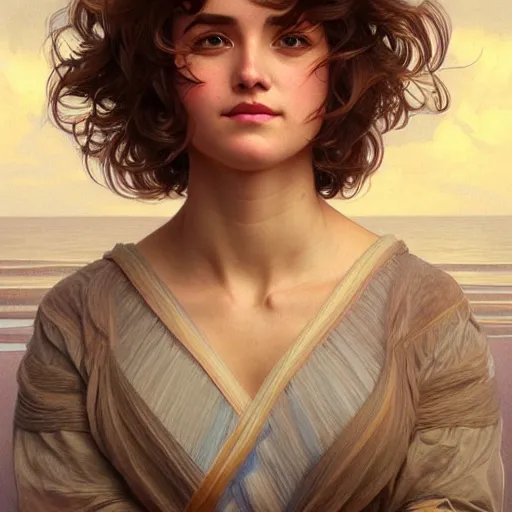 Prompt: full body portrait of a woman with short wavy hair, round face, cottagecore!!, lake water, intricate, enlightenment, highly detailed, digital painting, artstation, concept art, smooth, sharp focus, illustration, art by artgerm and greg rutkowski and alphonse mucha