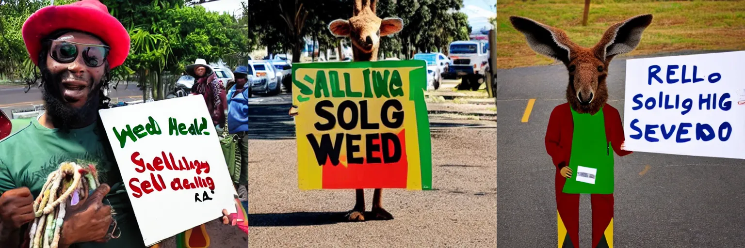 Prompt: <photo hd legible>a rasta kangaroo holding a sign that says 'selling weed'</photo>