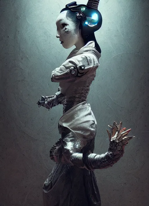 Prompt: portrait of a futuristic geisha cyborg, in the style of ghost in the pans labyrinth, nightmare, kintsugi, modern fine art, fractal, intricate, elegant, highly detailed, digital photography, subsurface scattering, by jheronimus bosch and greg rutkowski,