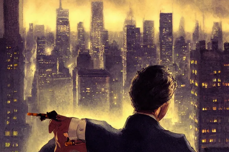 Image similar to portrait profile sherlock holmes smoking pipe on a perch facing the city at night, smoke rising, smooth, focus, highly detailed, hyper realistic, dramatic lighting, intricate, concept art, new york skyline, looking down, movie still, art by wlop, greg rutowski, artstation