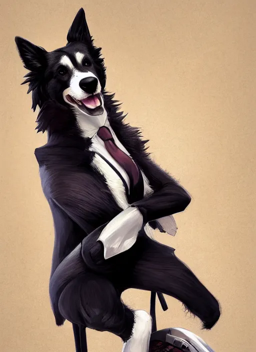 Image similar to wide angle beautiful full body portrait of a strong male anthropomorphic anthro border collie fursona in a suit sitting in a parlor room, character design by charlie bowater, henry asencio, and ross tran, disney, detailed, sharp focus, matte, aesthetic, trending on artstation, furaffinity, deviantart