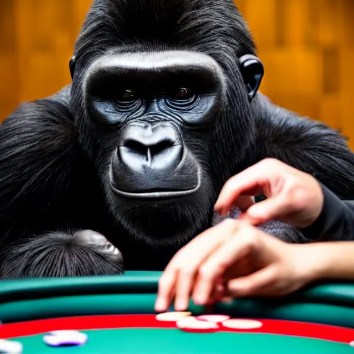 Prompt: A photograph of daniel negreanu playing poker next to a giant gorilla, long shot, 8K HD, shot by sony a7 IV