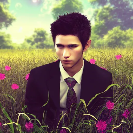 Prompt: a handsome young man in a in a magical lush field of tall grass and overgrown flowers, detailed face, wearing a black suit, piercing gaze, final fantasy, in the style of Yoshitaka Amano, digital art, moonray render, ray tracing —H 640