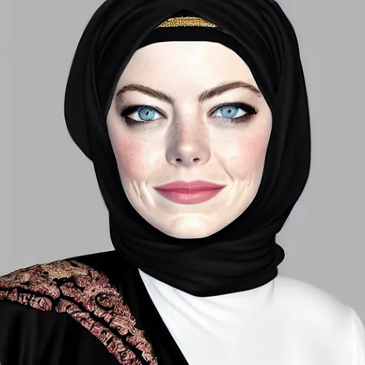 Image similar to A portrait of Emma Stone wearing Black Arabian Abaya, high quality, fully detailed, 4k, volumetric lightening