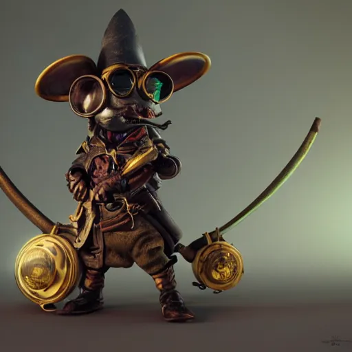 Image similar to rat warrior with steampunk goggles, clockwork, octane render, epic, cinematic, psychedelic, lsd, by ruan jia