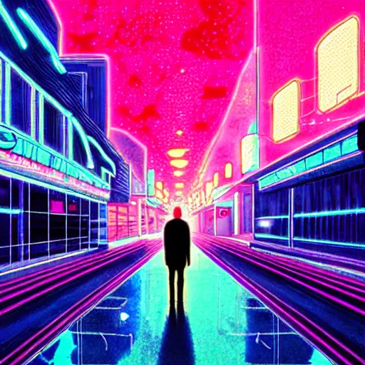 Image similar to walking alone in the boulevard of broken dreams, with neon lights, hyper detail, in the style of moebius, rule of thirds