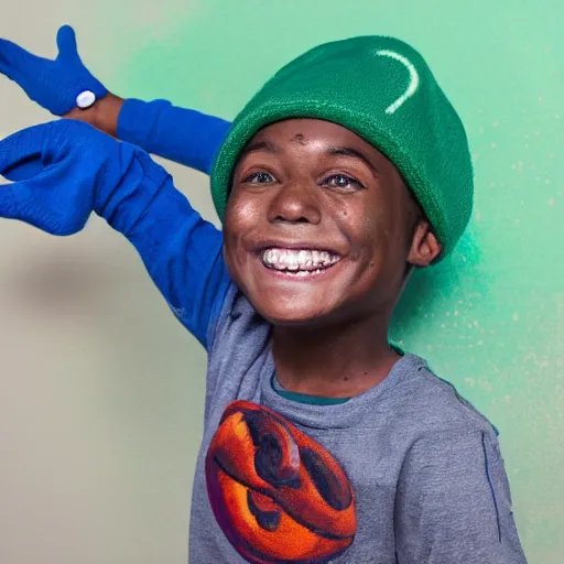 Prompt: a kid grinning wearing a blue sock hat over his eyes, green shirt and brown jumping high in the air painting, high details