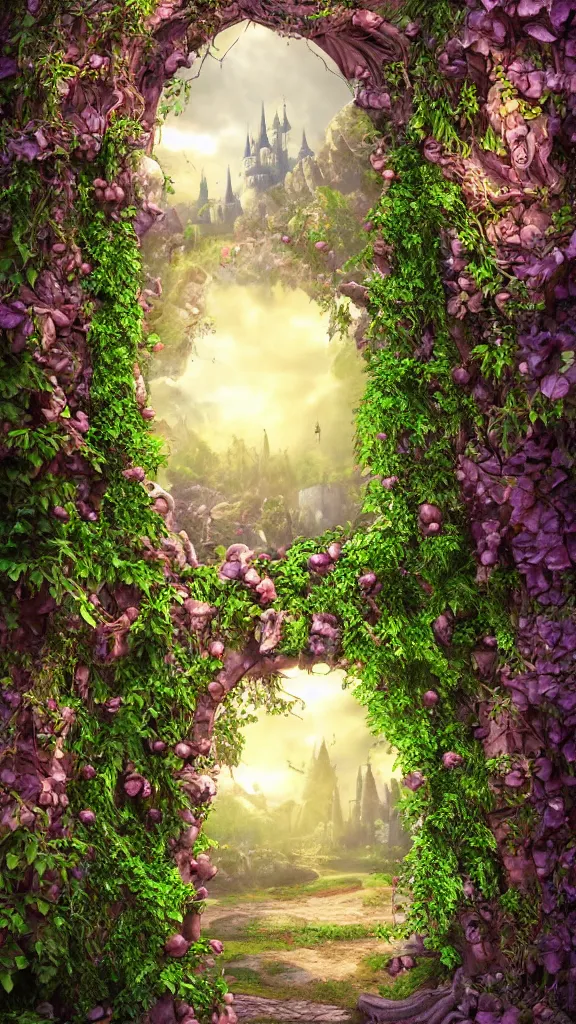 Prompt: fantasyland through a magical doorway, ornate, intricate, detailed, nature, vines, 3 d render, highly stylized