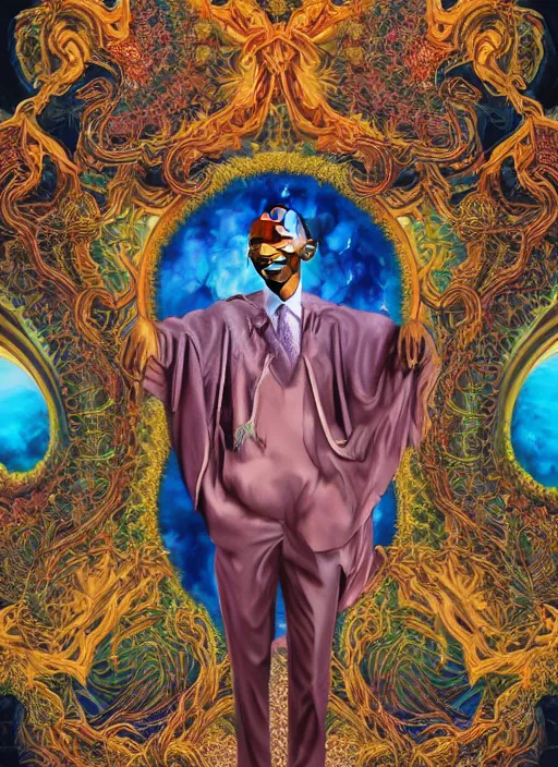 Image similar to beautiful oil painting, full length portrait of Barack Obama in coronation robes 1701, baroque, Dan Mumford, Dan Mumford, Alex grey, Alex grey, highly detailed , lsd visuals, dmt fractal patterns, hallucinogen, visionary art, psychedelic art, ornate, vaporwave, baroque