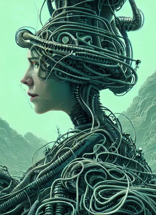 Prompt: highly detailed portrait of a biopunk long curly white hair tribal lady, stray wiring by atey ghailan, james gilleard, by joe fenton, by greg rutkowski, by greg tocchini, by kaethe butcher, 4 k resolution, gradient green, black and white color scheme!!! ( ( irradiated robotic spire landscape background ) )