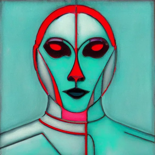 Image similar to art deco ‘dead space’, piet mondrian, femme bot, teal palette