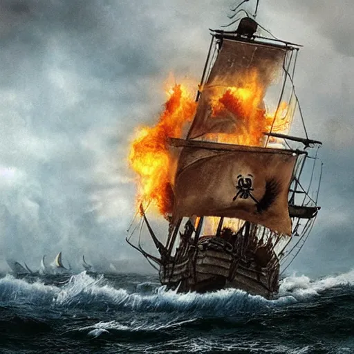 Image similar to pirate, ship, fire, ocean, cinematic, artistic, trending, epic, wind, wild, beautiful, tragedy, tragic, movie