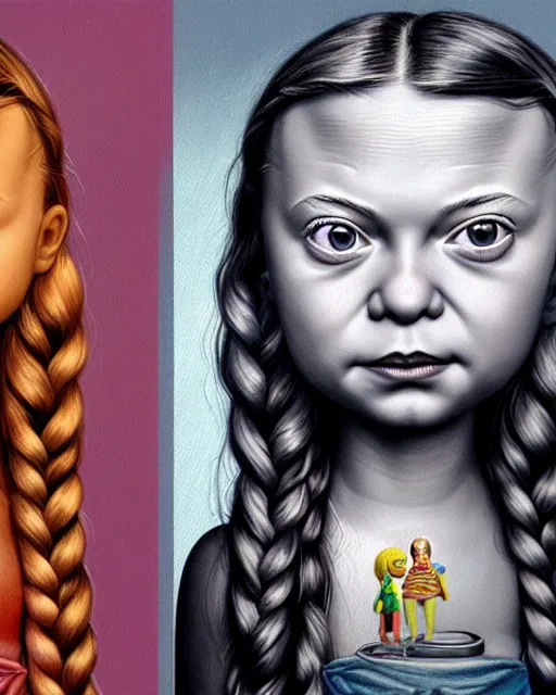 Prompt: closeup face profile portrait of a tin toy greta thunberg as a bikini girl, hyper realistic, artstation, illustration, nicoletta ceccoli, mark ryden, lostfish, max fleischer, digital paint, matte paint, vivid colors, dark, sinister, detailed and intricate environment