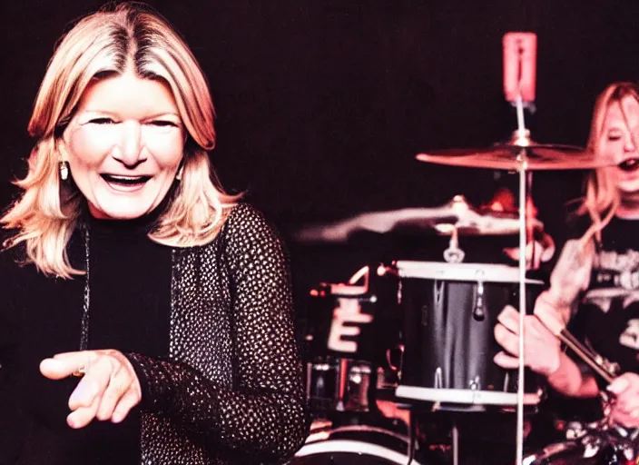 Prompt: publicity photo still of martha stewart in a death metal band playing live on stage, 8 k, live concert lighting, mid shot