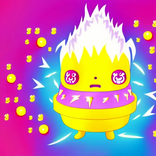 Prompt: kawaii wacky fluffy popcorn with lightning bolt power, with golden helmet, yokai, in the style of a mamashiba, with a yellow beak, with a toroidal energy field, with a smiling face and flames for hair, sitting on a lotus flower, white background, simple, clean composition, symmetrical, suitable for use as a logo