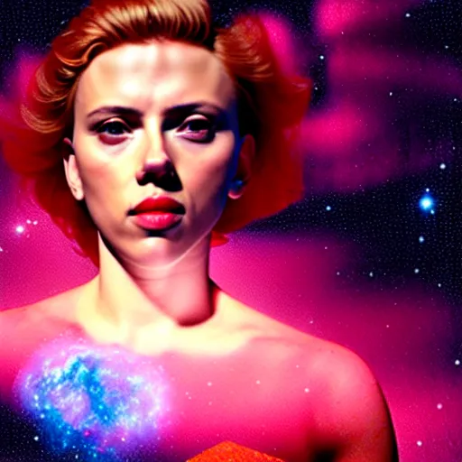 Image similar to a beautiful Scarlett Johansson as a Nebula an example of an emission nebula is widely spreaded in the galaxy in a style of Carl Larsson, Hyper detailed, 8K3d, Trending on Artstation. rendered in cinema4d, Vray Octane, Hyper realism.