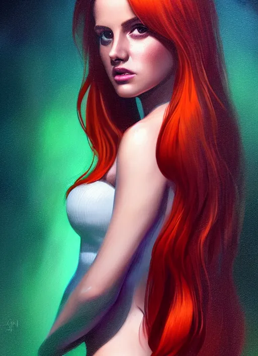 Image similar to full body portrait of teenage cheryl blossom, bangs, green eyes, mischievous expression, red hair, sultry smirk, bangs and wavy hair, intricate, elegant, glowing lights, highly detailed, digital painting, artstation, concept art, smooth, sharp focus, illustration, art by wlop, mars ravelo and greg rutkowski