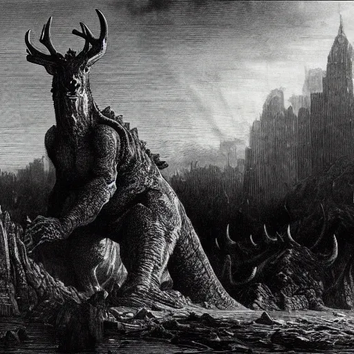 Image similar to godzilla sized deer demolish city, gustave dore