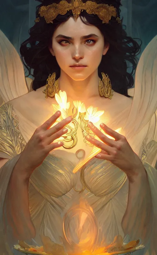 Image similar to the goddess hestia, intimidating, greek mythology, intricate, upper body, highly detailed, digital painting, artstation, concept art, sharp focus, cinematic lighting, illustration, art by artgerm and greg rutkowski, alphonse mucha, cgsociety