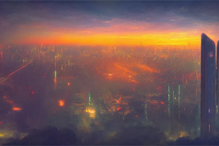 Image similar to Flying cars over Blade Runner City at sunset by Turner and Thomas Cole, neon lights, Impressionism, Romanticism, hyper detailed