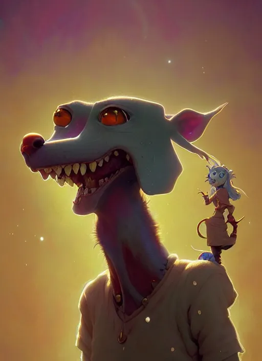 Image similar to Highly detailed portrait of Courage the cowardly dog, Stephen Bliss, unreal engine, fantasy art by Greg Rutkowski, Loish, Rhads, ferdinand knab, Makoto Shinkai and Lois van baarle, ilya kuvshinov, rossdraws, Tom Bagshaw, alphonse mucha, global illumination, radiant light, detailed and intricate environment