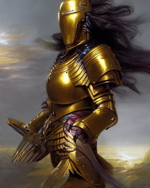 Image similar to beautiful female warrior, half body portrait, long flowing hair, heavy gold armour, realistic oil painting by thomas cole and wayne barlowe